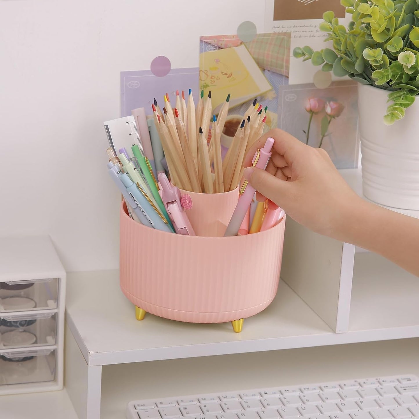 SKYDUE 360 Rotating Plastic Desk Pen Organizer with 5 Slots, Dual-Purpose Art Supply Pencil Cup for Office, School, Home