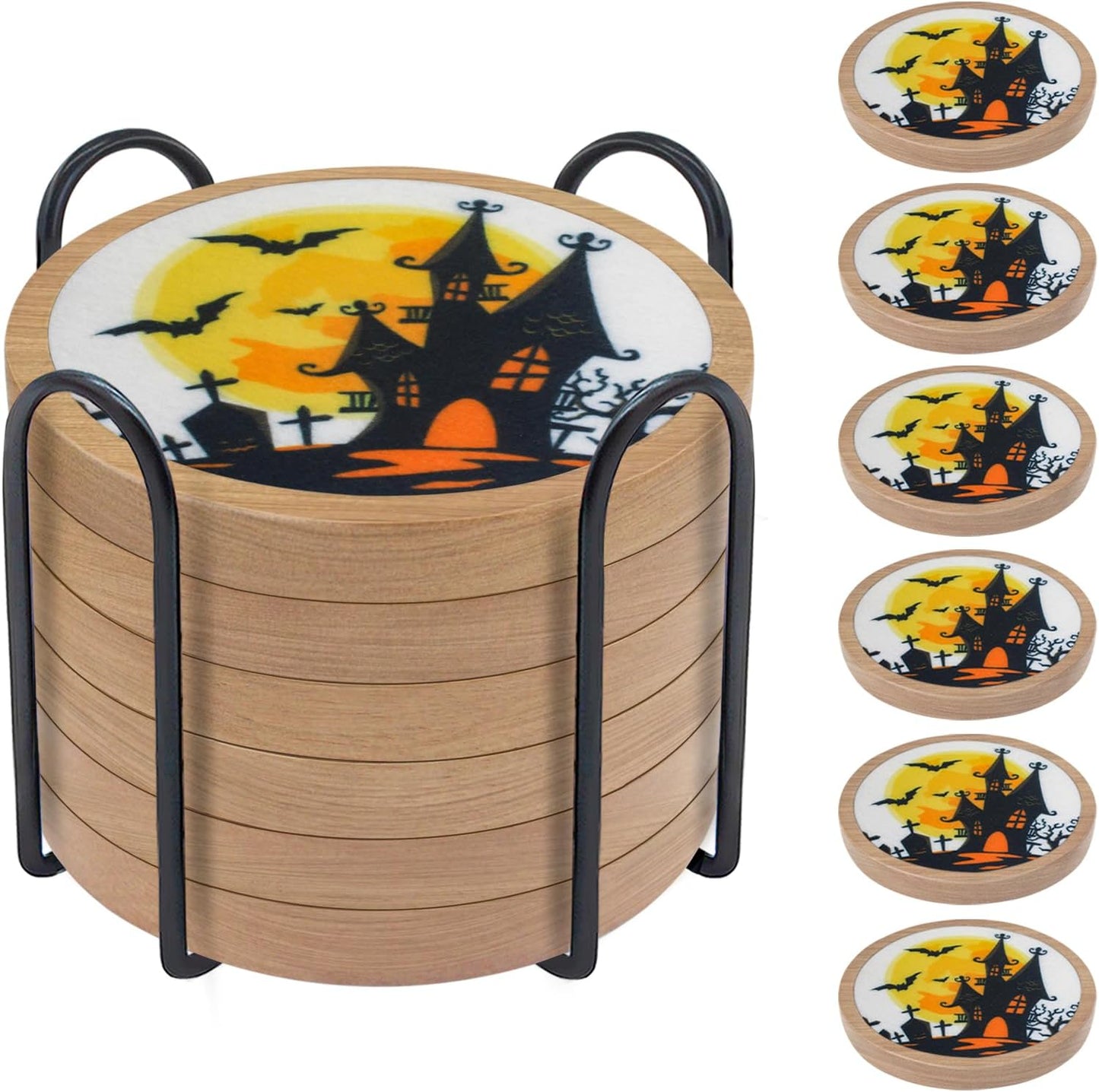 Wood Coasters for Drinks, Minacun Absorbent Coaster Sets of 5, Drinks Coasters for Coffee Tabletop Protection, Non-Slip, Non-Stick, Suitable for Kinds of Cups Wooden Table Drink, 4.3 Inches Black