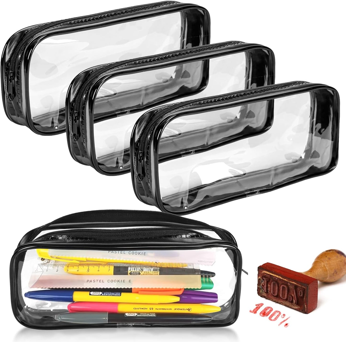 5 Pack Clear PVC Zipper Pencil Pouch, Pen Pencil Case Makeup Pouch, Large Capacity Pencil Bag for Office Stationery Travel Storage (Black)