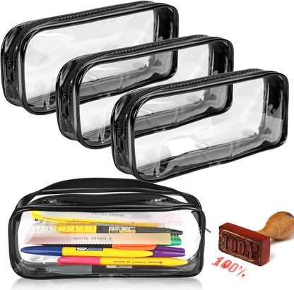 5 Pack Clear PVC Zipper Pencil Pouch, Pen Pencil Case Makeup Pouch, Large Capacity Pencil Bag for Office Stationery Travel Storage (Black)
