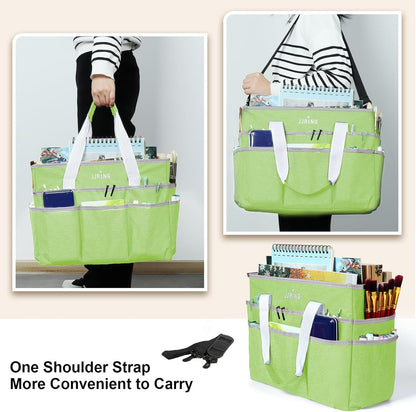 JJRING Craft Organizer Tote Bag for Art Storage, Caddy with Multiple Pockets, Bluish Green Sewing Bag for Scrapbooking, School, Medical, and Office Supplies