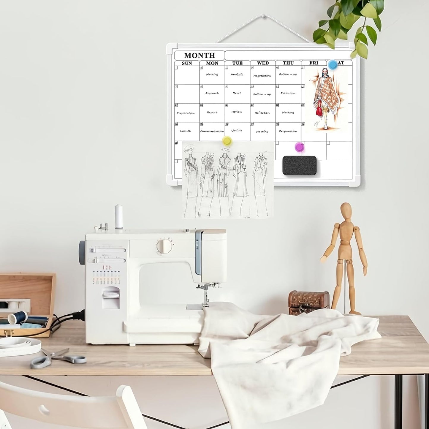 Monthly Whiteboard Calendar for Wall, Small 16" x 12" Dry Erase Board with Plastic Frame, Hanging Dry Erase Calendar with 3 Mini Sticky Notes for Kitchen Planner, Memo, Home and Office