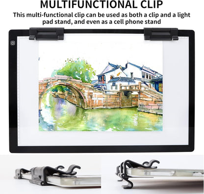 A4 Wireless LED Light Pad with Carry Bag, Innovative Stand and Top Clip, TOHETO Rechargeable Light Box Stepless Dimmable and 6 Levels Brightness Cordless Light Board for Tracing Weeding Vinyl (Black)