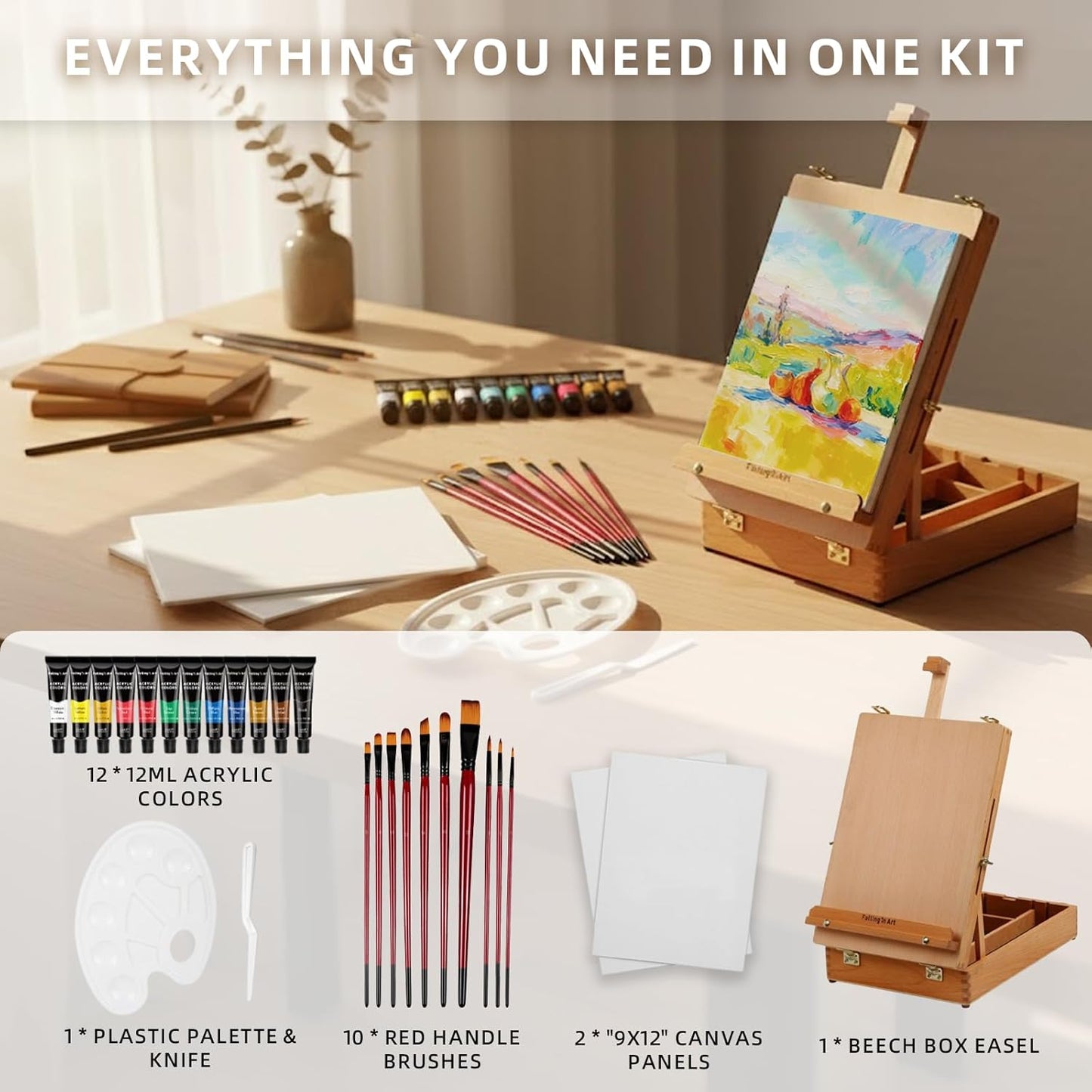 Falling in Art Wooden Tabletop Easel, Beech Wood Sketchbox Desktop Easel for Painting, Portable Art Drawing Easel for Beginners and Professionals