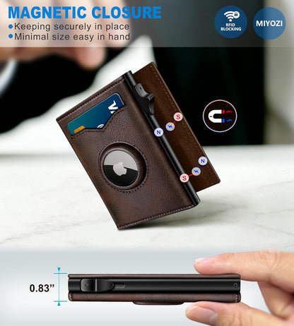 miyozi Airtag Wallet for Men,with Cash Pocket 2 ID Window 9-12 Cards,Metal Case Smart Slim Pop Up Credit Card Holder Flip with Magnetic Closure RFID Blocking Trifold wallet with Gift Box