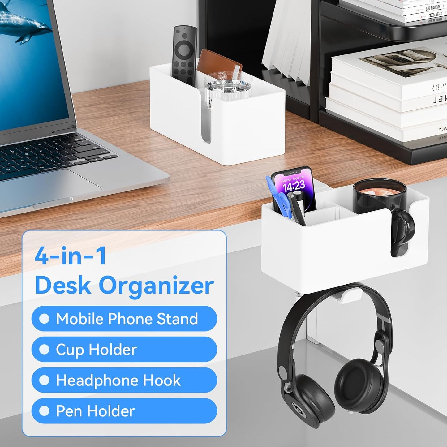 4 in 1 Desk Cup Holder with Storage - Clamp on Under Desk Headphone Hanger - Detachable Pen Cup Holder Desktop Storage for Desktop Attachments Accessories