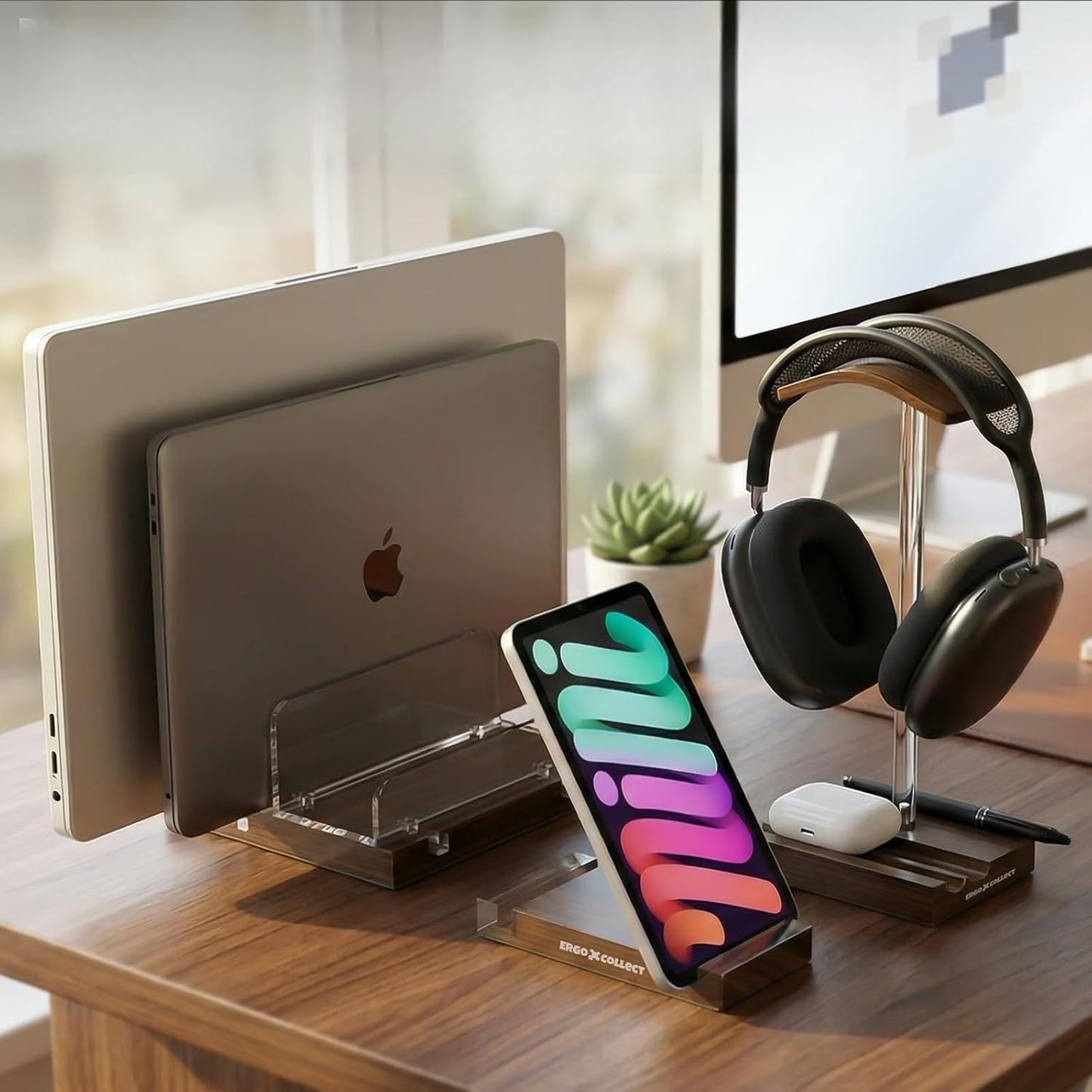 Vertical Laptop Stand for Desk – Adjustable Dual Slot Holder (Fits 2 Laptops & Controller), with Matching Headphone Stand & Phone/Tablet Holder, Acrylic Wood Finish
