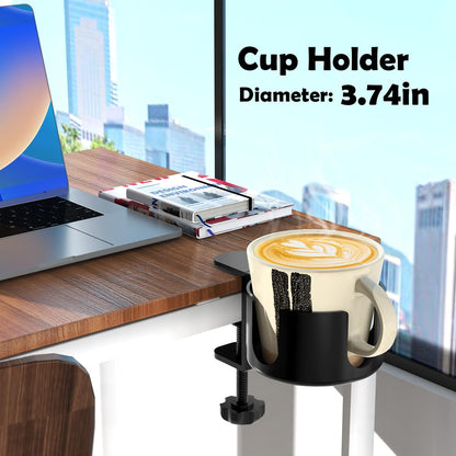 Large Desk Cup Holder Clamp， Anti-Spill Cup Holder for Your Desk or Table,Cup Holder Inner Diameter 9.5cm，Capacity 5kg/11lb Compatible with Universal Cup, Bottles(Black) (Desk Cup Holder)