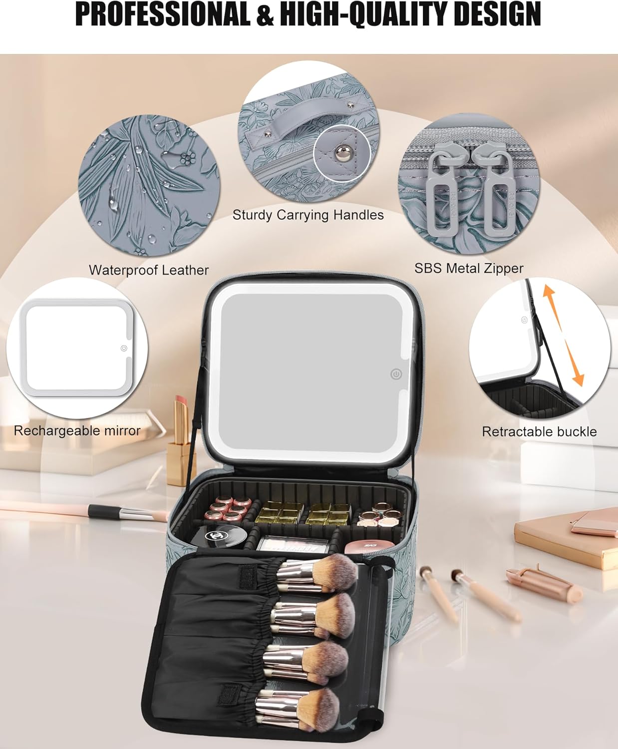 Relavel Travel Makeup Bag With LED Mirror, Cosmetic Train Case with Light up Mirror, Portable Makeup Artist Organizer Bag with Adjustable Dividers, Makeup Brush Holder Storage, Black