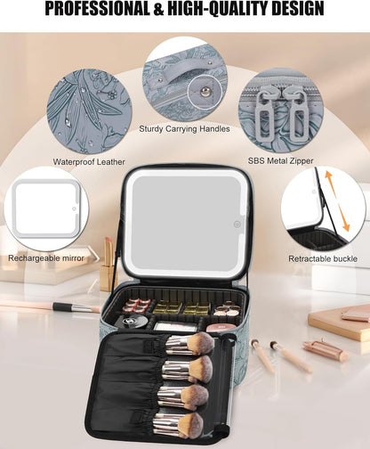 Relavel Travel Makeup Bag With LED Mirror, Cosmetic Train Case with Light up Mirror, Portable Makeup Artist Organizer Bag with Adjustable Dividers, Makeup Brush Holder Storage, Black