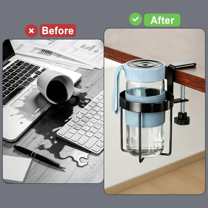 MYITYARD Desk Cup Holder Clamp, Anti-Spill Clip On Table Cup Holder, Rotatable Water Bottle Stand Drink Coffee Mug Storage, Office Accessories for Home and School (Black)