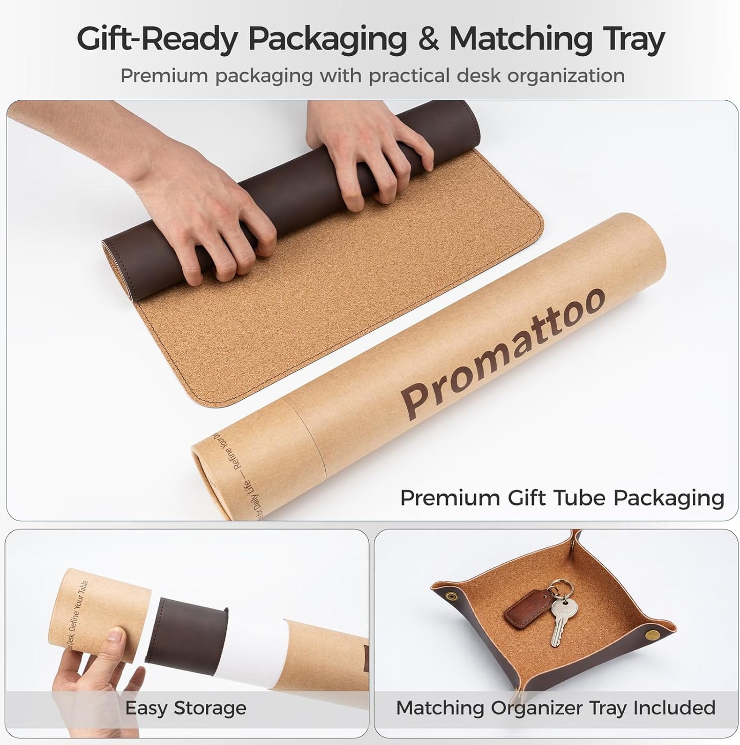 Premium Faux Leather Desk Mat & Tray Set，Innovative Cork-Look Printed Base，Gift Tube Packaging，Full-Desk Coverage，Non-Slip Desk Pad for Office Home（Olive Green）