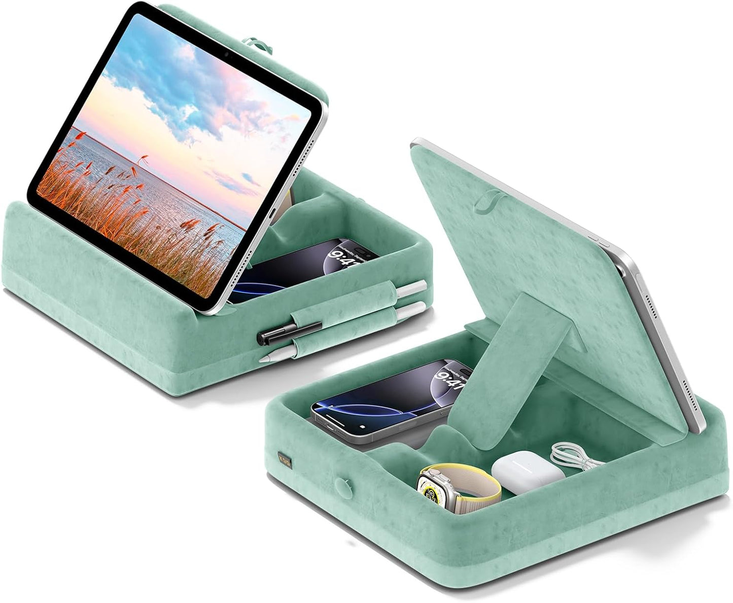 KDD Tablet Pillow Stand with Storage, Foldable iPad Holder for Bed, Lap and Desk, Angle Adjustable Soft Pad Dock with Stylus Mount Compatible with Ipad Pro 12.9, 10.5, 11, Air, Mini, Phones, Books