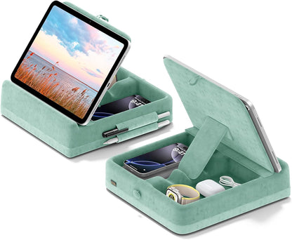 KDD Tablet Pillow Stand with Storage, Foldable iPad Holder for Bed, Lap and Desk, Angle Adjustable Soft Pad Dock with Stylus Mount Compatible with Ipad Pro 12.9, 10.5, 11, Air, Mini, Phones, Books