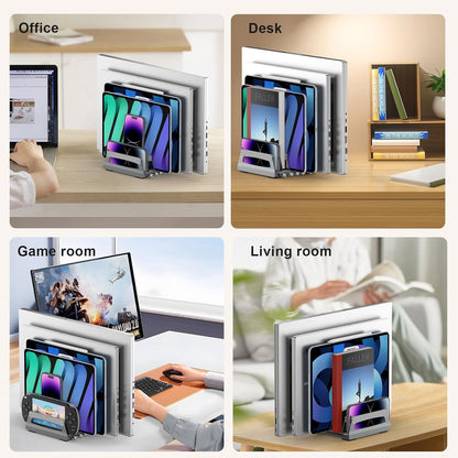 Elestoria 10-Slot Vertical Laptop Stand & Holder – Adjustable Aluminum Laptop Stand Vertical for Desk Fits 10 Devices, MacBook & Gaming Laptops (Up to 17.3”) – Space Saving Laptop Storage Rack - Grey