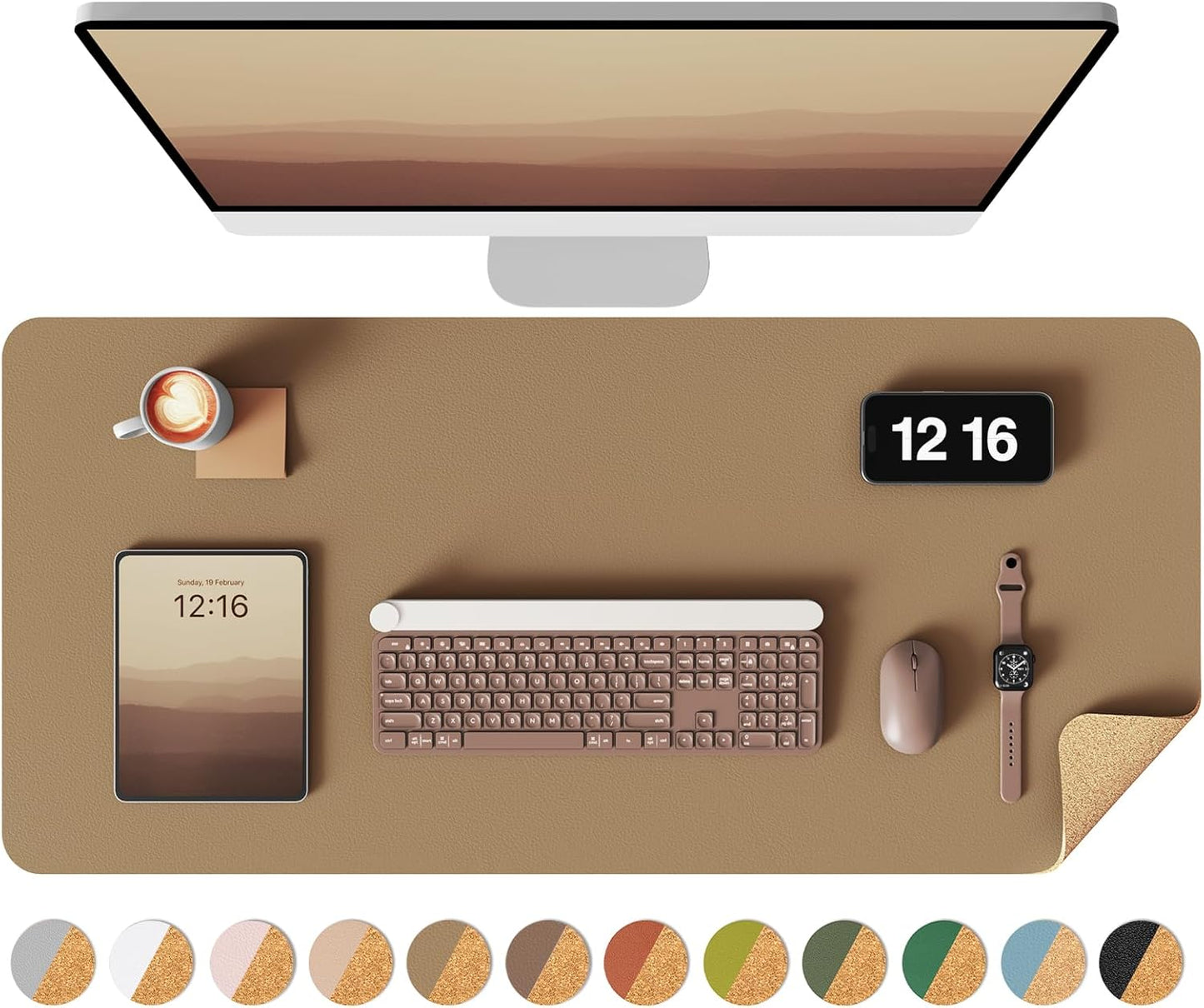 YSAGi Double-Sided Desk Pad, 31.5"x15.7"Leather Desk Mat, Eco Cork Desk Pad Protector,Large Mouse Pad,Waterproof Desk Blotter for Office/Home(Coffee)