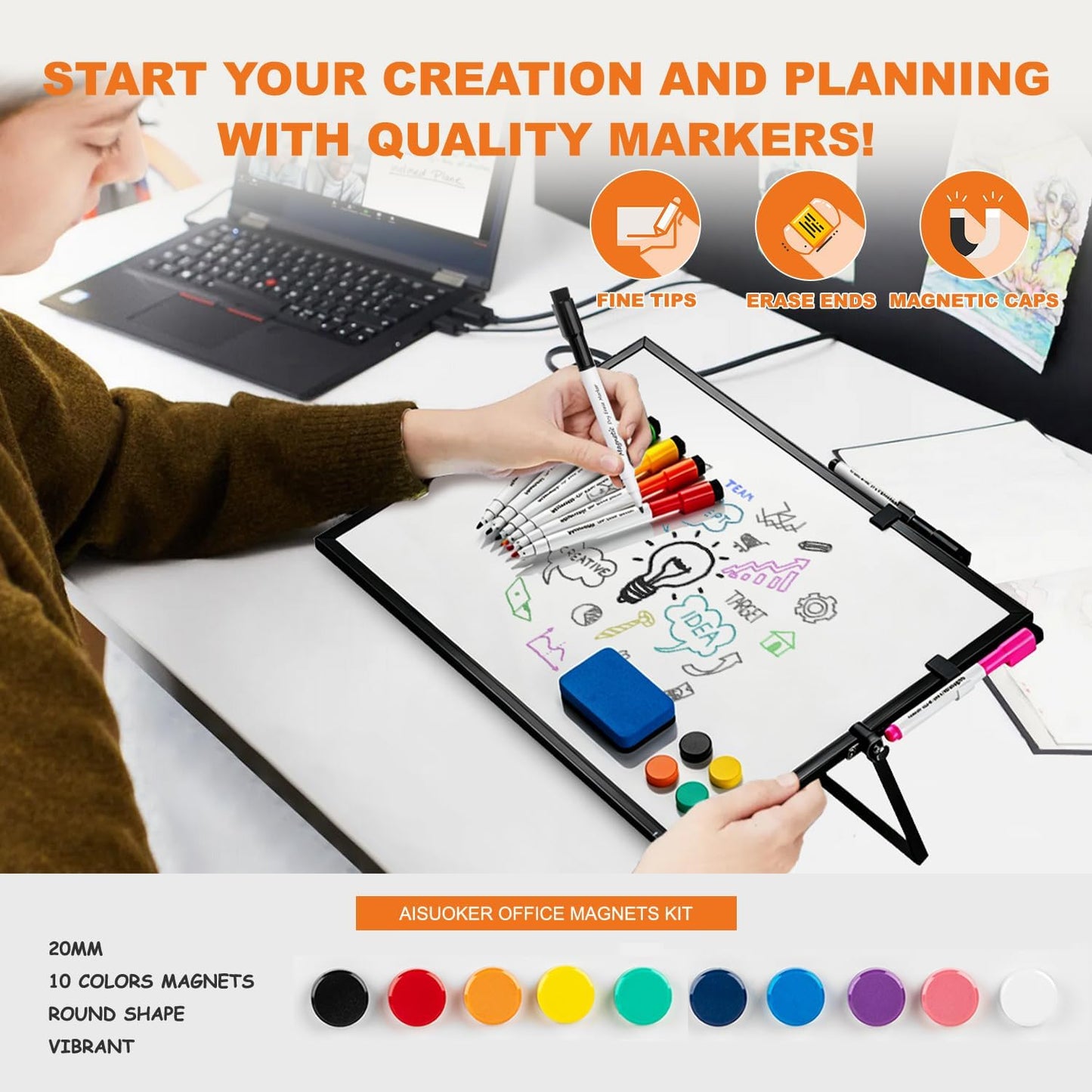 Dry Erase White Board, Aisuoker 16 x 12inch Magnetic Desktop Whiteboard with Stand,10 Markers, 10 Magnets and 1 Eraser, Portable Double-Sided White Board for Kid Drawing Memo to Do and List Wall-White