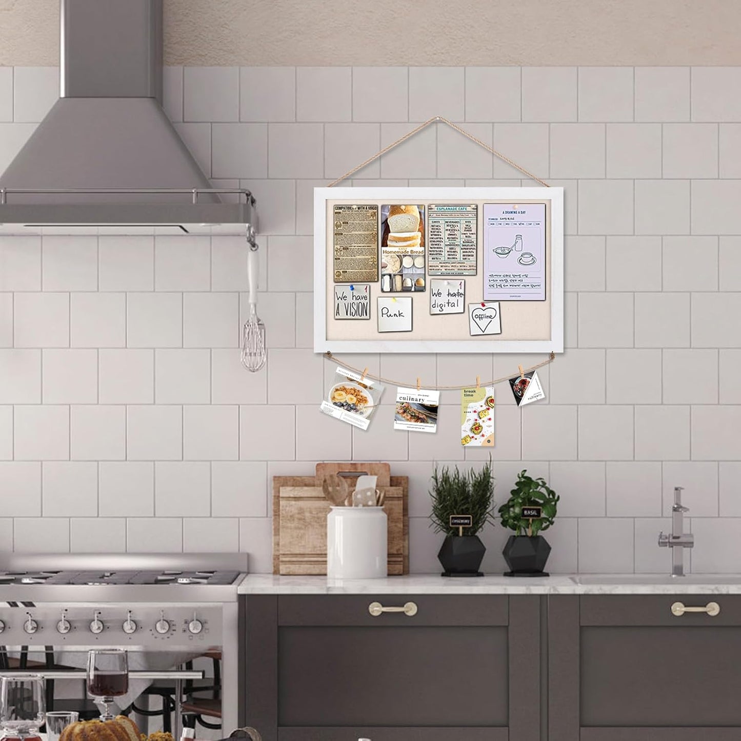 Emfogo Cork Board Vision Board, 16 "x11 White Linen Cork Boards for Walls with Frame, Pin Board Bulletin Board for Home Kitchen School Office Decor