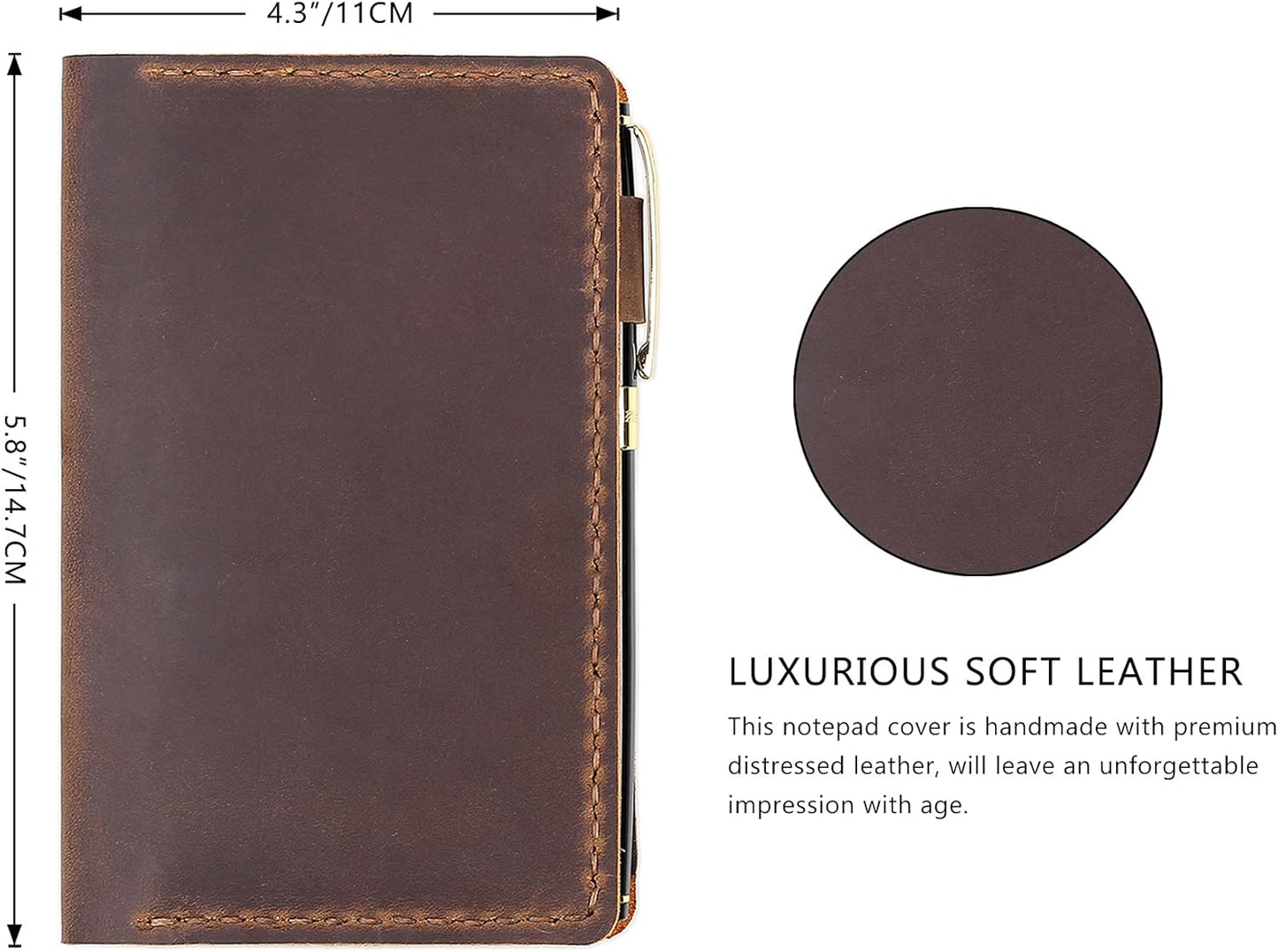 Robrasim Top Bound 3"x5" Memo Notebook Covers, Genuine Leather Cover for 3x5 Top-Spiral Notebook, Memo Book Cover Note Pad Holder Cover Only, Brown