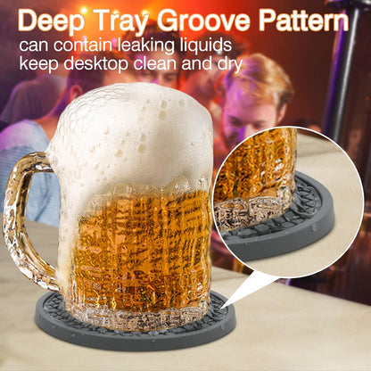 2 Pack Silicone Coasters for Drinks, Round Black Coaster with Deep Tray Grooved Design Cup Mat, Washable Heat Resistant Durable Non-Slip Coasters for Coffee Table Wooden Desk Kitchen Bar