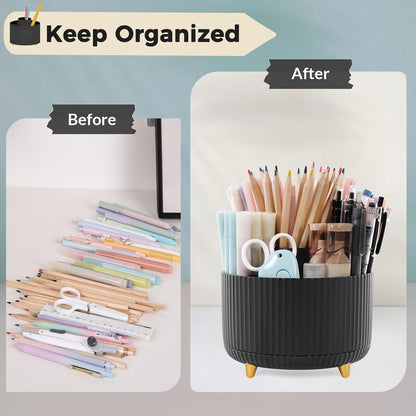 SKYDUE 360 Rotating Plastic Desk Pen Organizer with 5 Slots, Dual-Purpose Art Supply Pencil Cup for Office, School, Home