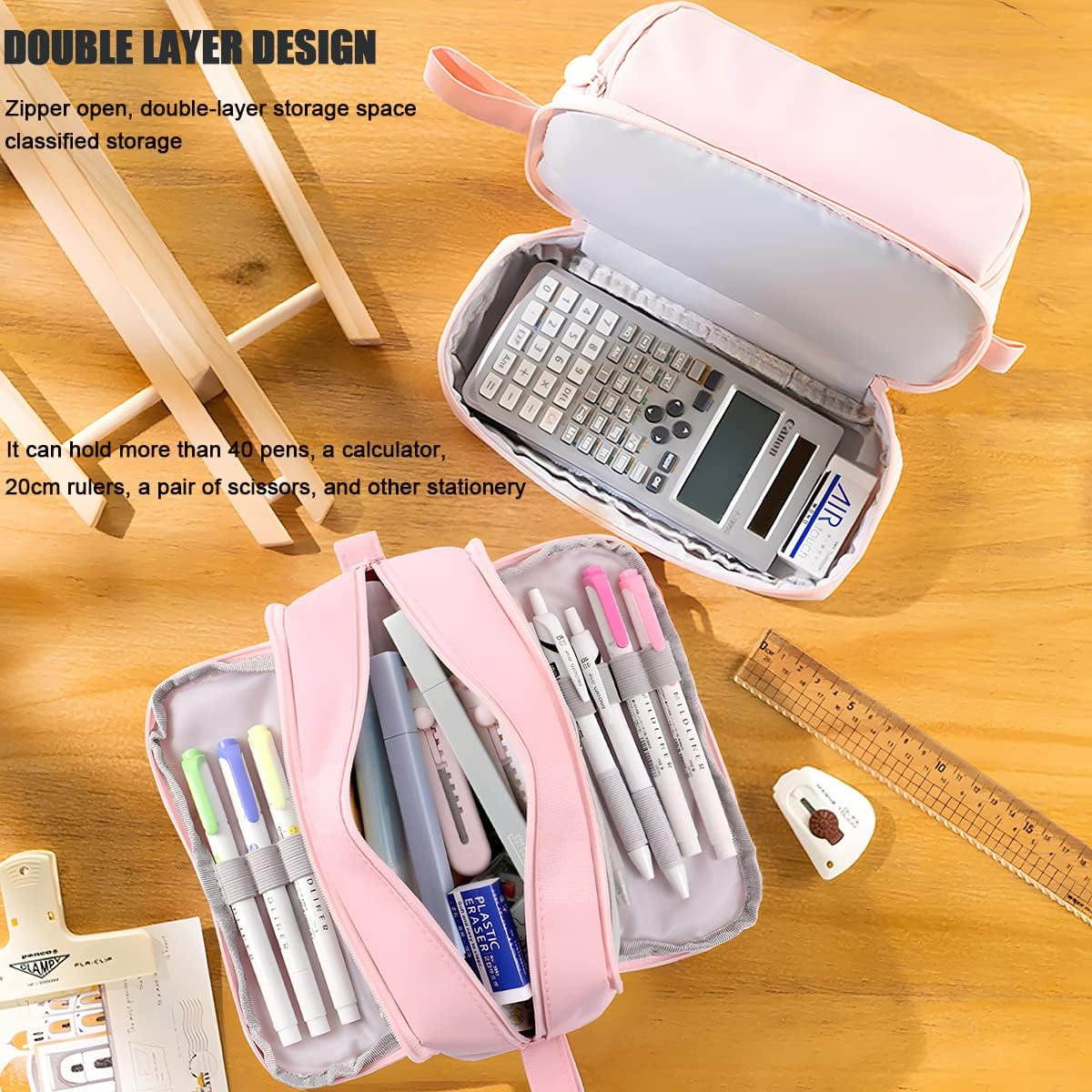 MAMUNU Large Capacity Pencil Case 4 Compartments, Pencil Pouch Bag with Zipper Portable Handle, Pen Case Bag Stationery Organizer for Office College School Adults Teen Girls Boys Men Women, Black