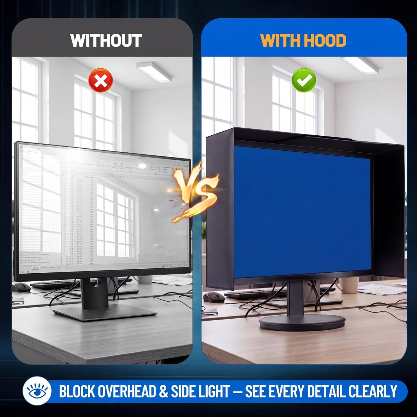 Adjustable Monitor Hood Sunshade, 17–27 Inch, Black PVC Screen Protector, Anti-Glare Shade, Expandable Light Blocker for Multiple Monitor Sizes, No-Tool Setup, Reduces Eye Strain