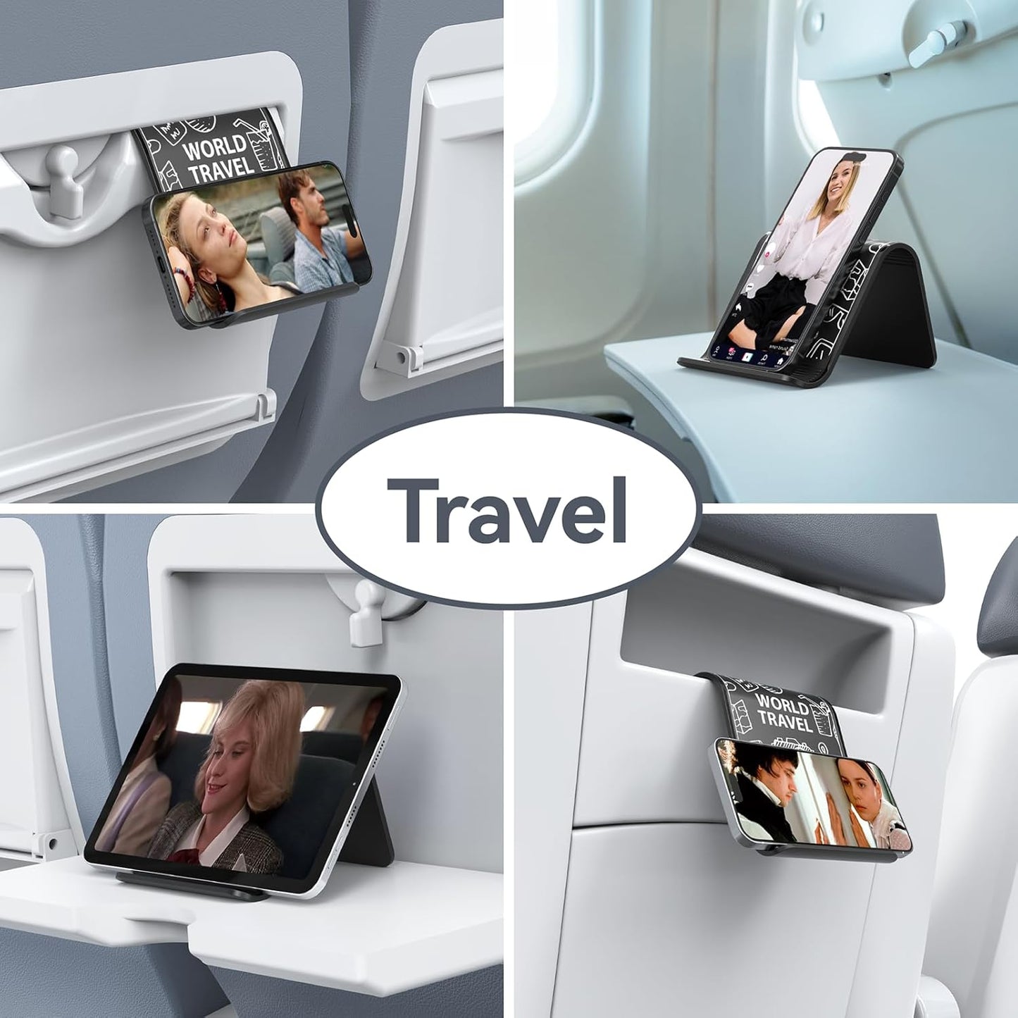 Airplane Phone Holder Mount, Travel Essentials Flexible Phone Holder, Airplane Tablet Holder for Flying, Desk, Compatible with iPhone, Smartphone, Tablet (Black Silk Screen)