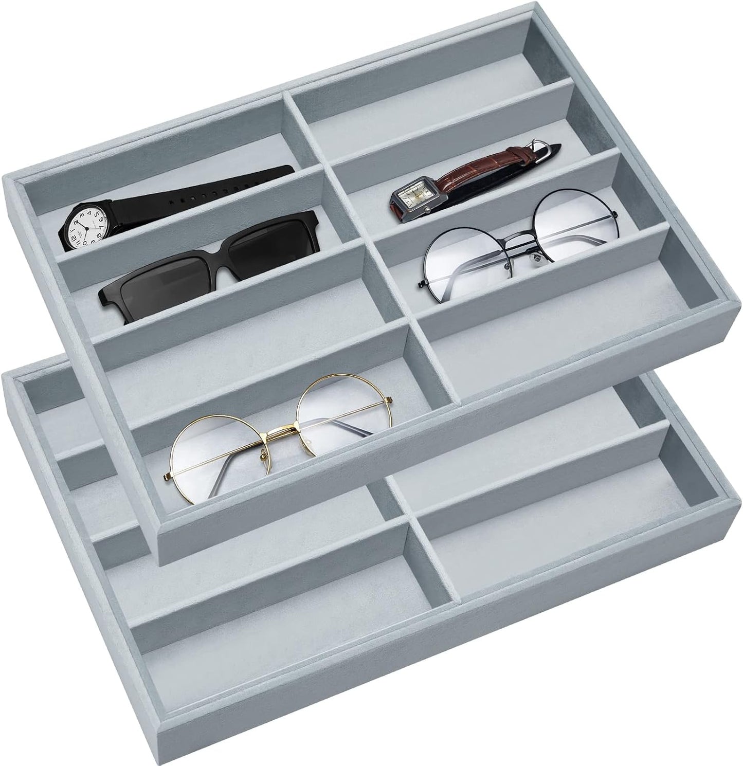 Amylove 2 Pcs Sunglass Organizer Trays Glasses Stackable Jewelry Trays Sunglass Organizer Display Box(8 Grids,Beige)