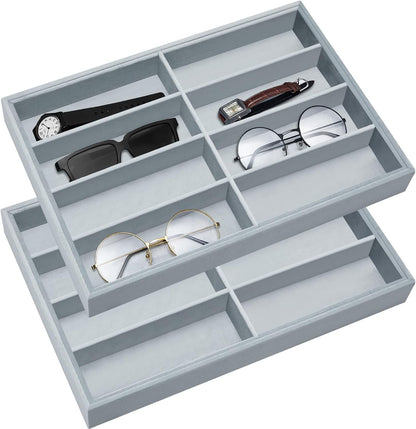 Amylove 2 Pcs Sunglass Organizer Trays Glasses Stackable Jewelry Trays Sunglass Organizer Display Box(8 Grids,Beige)