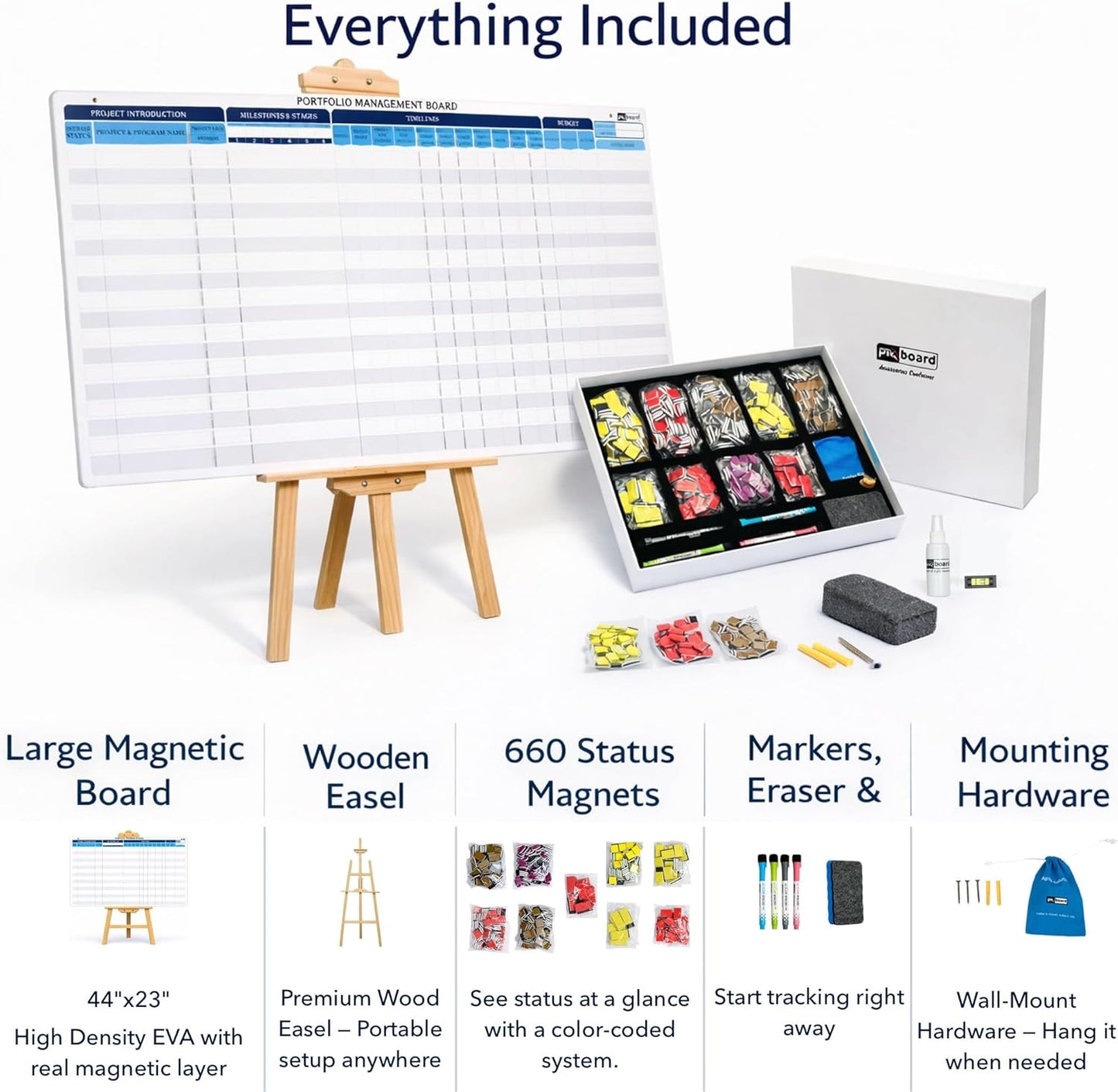 Portfolio Project Management Board Set – Magnetic Whiteboard with Easel, 44” x 23”, 660 Magnets & Accessories – Track Up to 20 Projects, Budget, Risk & Timeline–Visual Project Planner&Tracker
