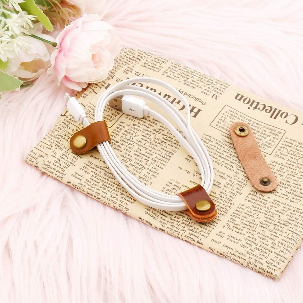 10 Pcs Cord Organizer, Portable Leather Cable Cord Stocking Stuffers for Men USB Straps Earphone Winder with Leather Handmade (Brown/white)