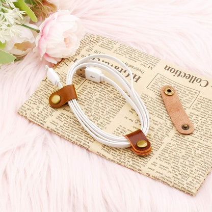 10 Pcs Cord Organizer, Portable Leather Cable Cord Stocking Stuffers for Men USB Straps Earphone Winder with Leather Handmade (Brown/white)
