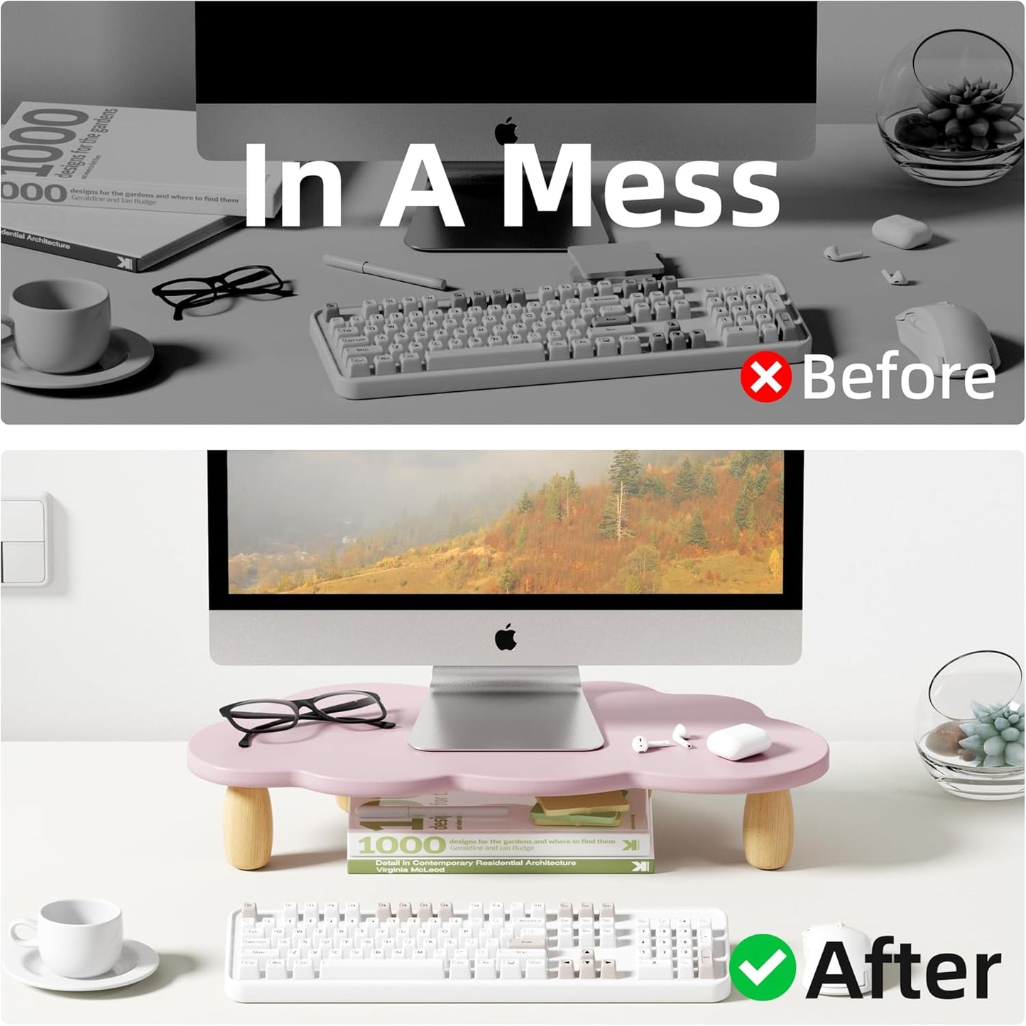 AFOOYO Monitor Stand Riser,Cloud-Shaped Sturdy Wood 16.5In Computer Monitor Riser Wirh Drawer, Multi-Purpose Desktop Organizer Riser for Computer,Laptop,Printer,TV,White
