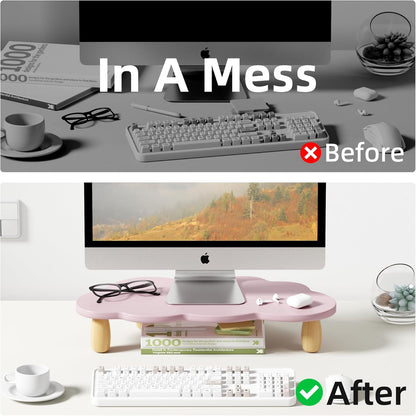 AFOOYO Monitor Stand Riser,Cloud-Shaped Sturdy Wood 16.5In Computer Monitor Riser Wirh Drawer, Multi-Purpose Desktop Organizer Riser for Computer,Laptop,Printer,TV,White