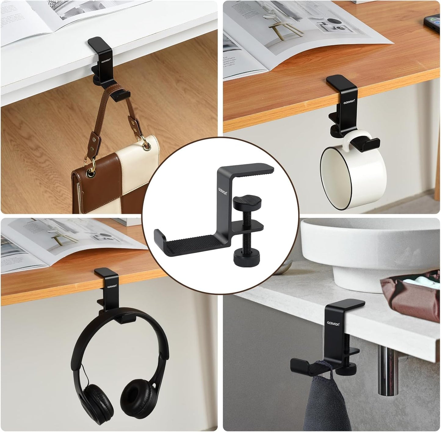 aceyoon Foldable Headphone Stand for Desk, Aluminum Headset Stand Clamp Hook Under Desk Space Save Mount, Headset Holder for Gaming Headphone, Office, Backpack, Bag, Purse Hanging (Black)