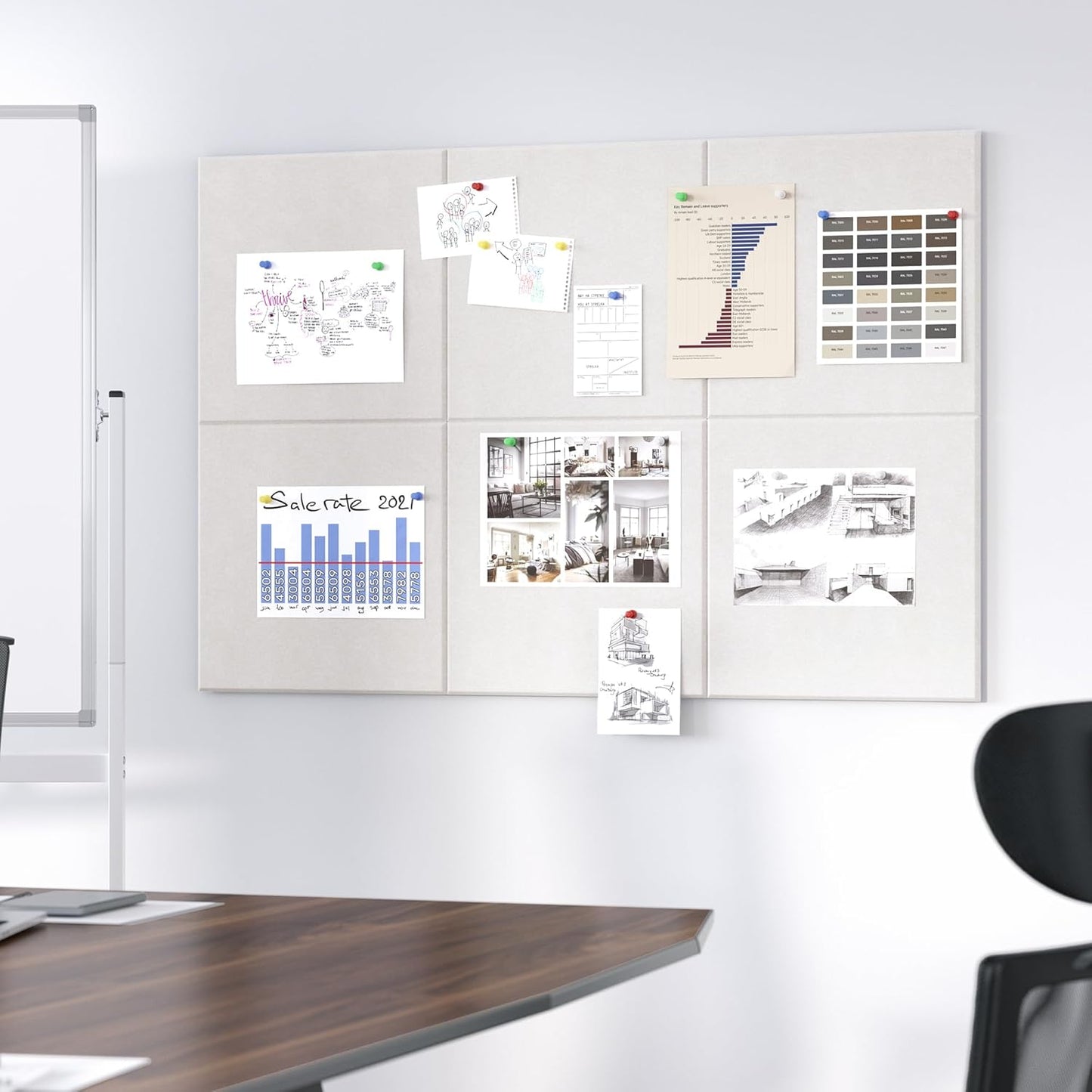 Neatsure Large Cork Board for Wall, Black Felt Bulletin Board with Pushpins, 36" x 24" 6 Panels Wall Tiles, Tack Push Pin Boards for Office