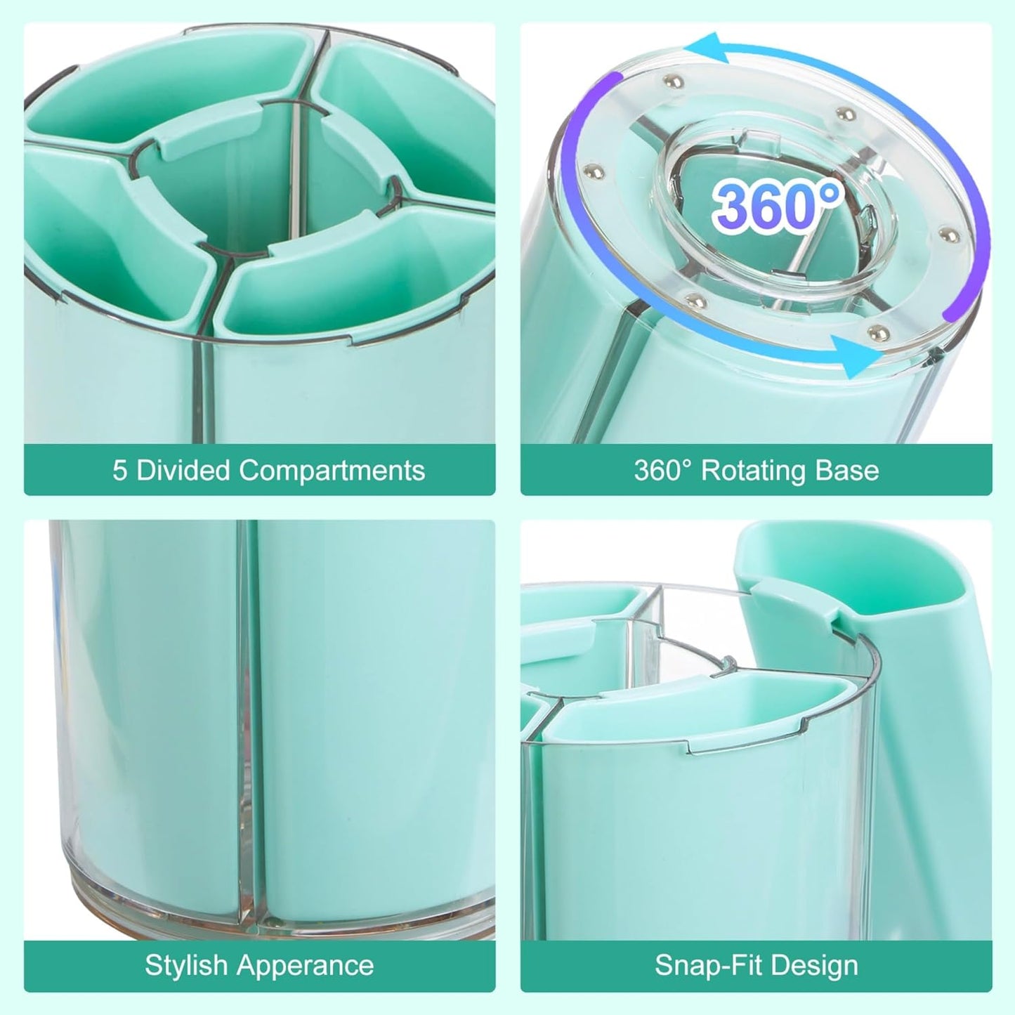 Comix 360° Rotating Pen Holder for Desk, Cute Pencil Holder Pen Organizer, Green Acrylic Pencil Cup Caddy with 5 Slots for Home School Office Supplies