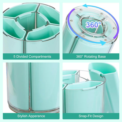 Comix 360° Rotating Pen Holder for Desk, Cute Pencil Holder Pen Organizer, Green Acrylic Pencil Cup Caddy with 5 Slots for Home School Office Supplies