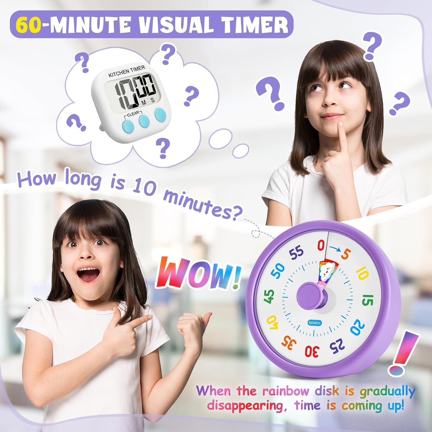 HIPPIH Visual Timer for Kids, 60 Minute Countdown Timers for Classroom Kitchen Office, Rainbow Disk Desk Timer Clock with Silent Operation, Pomodoro Timer Time Management Tools for Toddler ADHD Blue