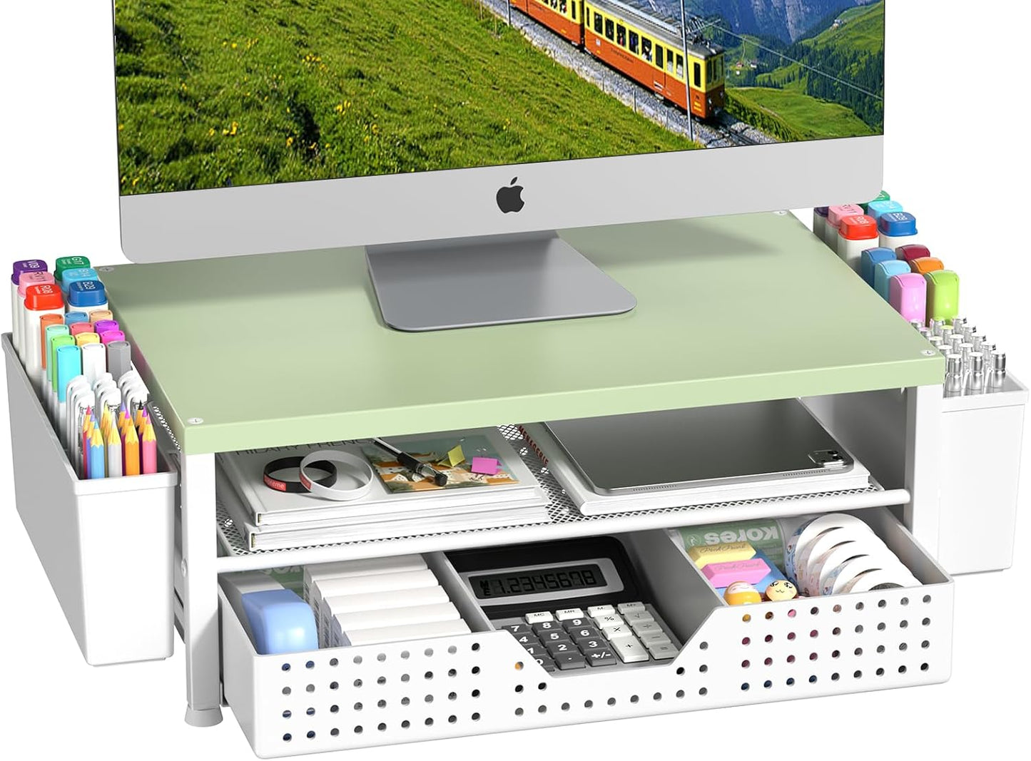 Wood Metal Monitor Stand Riser, Laptop Stand for Desk, Office Desk Organizer and Accessories, Computer Desktop Shelf with Drawer and Pen Holder, Printer Stand for Home, Office, Dorm (Natural Wood)