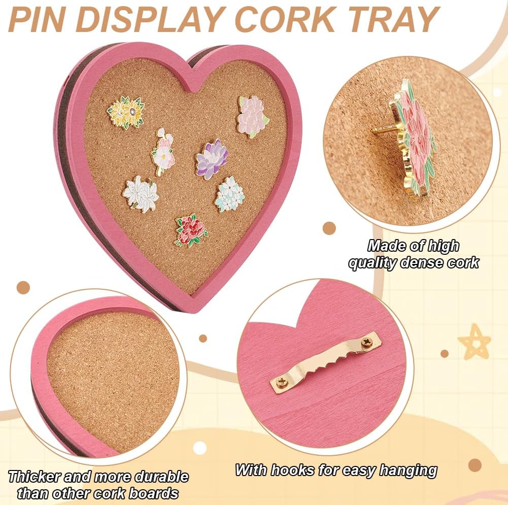 BENECREAT Pearl Pink Heart Pin Cork Board, 7.8x7.1inch Bulletin Display Board Wall Mounted Cork Board with Pink Frame for Brooch Pin Storage Display, Office Home and School Decor