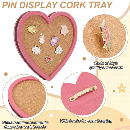 BENECREAT Pearl Pink Heart Pin Cork Board, 7.8x7.1inch Bulletin Display Board Wall Mounted Cork Board with Pink Frame for Brooch Pin Storage Display, Office Home and School Decor