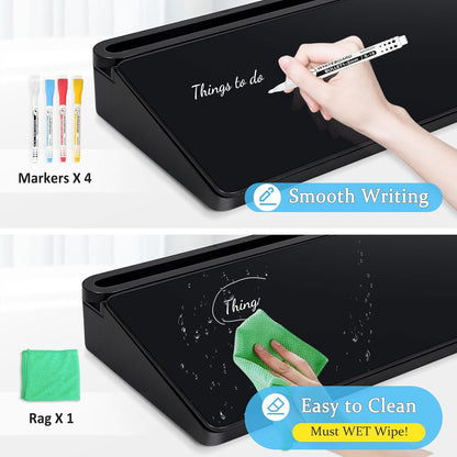 DOLLAR BOSS Glass Desk Whiteboard Calendar Small Dry Erase Board Desktop White Board with Storage Drawer Computer Keyboard Stand Desk Organizer, Colorful Weekly Calendar, Black