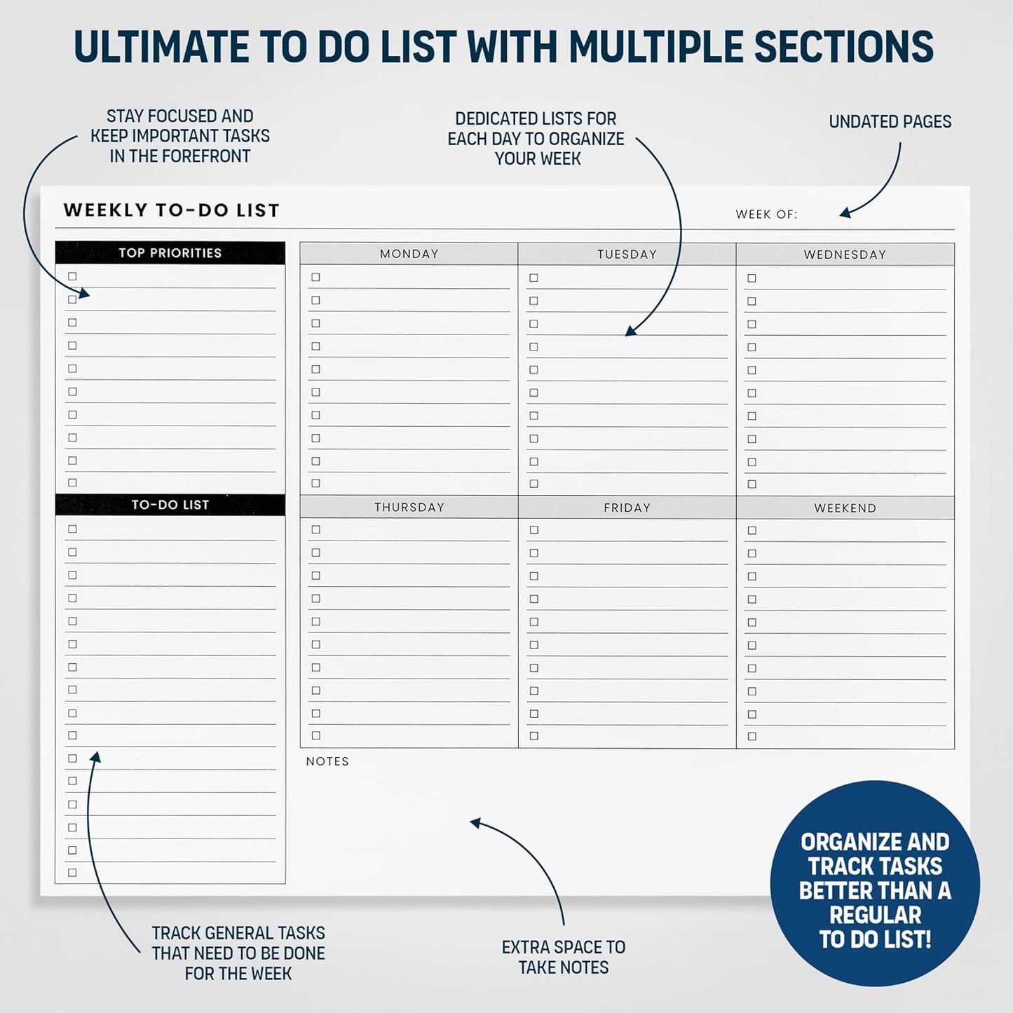 To Do List Notepad: With Multiple Functional Sections - Large Size 8.5x11" 52 Sheets - Tear Off Daily Planner Notebook - Task CheckList Organizer Agenda Pad for Work - Note, Plans, Goals, Grocery, and
