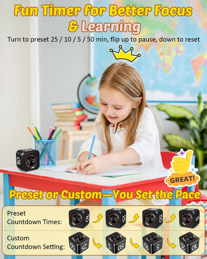 Digital Pomodoro Timer Cube 5/10/25/50min, Visual Productivity Flip Timer for Kids Classroom Desk, Custom Countdown, Silent and Sound Mode for ADHD Study Work Game Kitchen (Pink)
