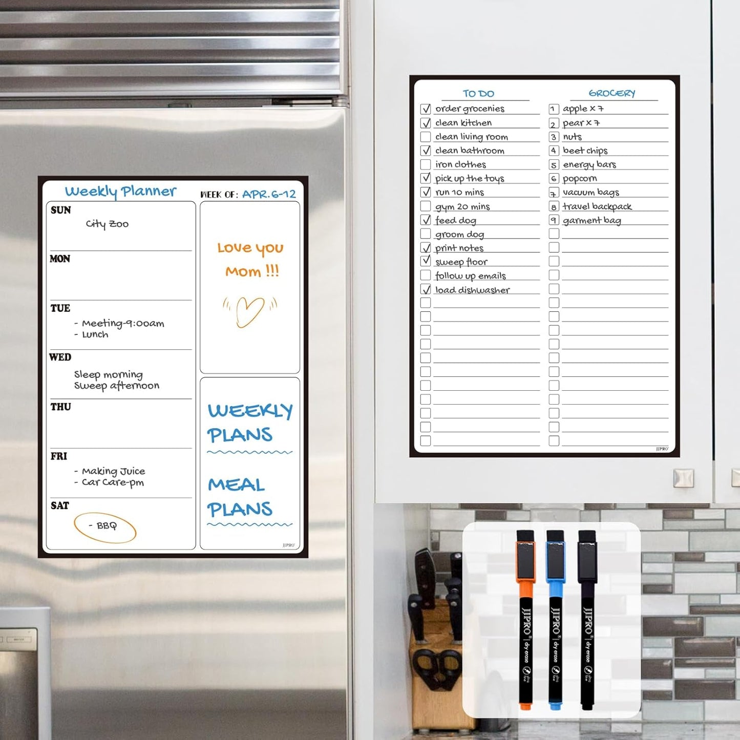 JJPRO Non-Magnetic Dry Erase Weekly Calendar for Fridge,Reusable Weekly Meal Planner and to Do List Whiteboard Bundle-Starts Monday,8.5"x12" Reusable Calendars Stick to Wall, All Smooth Surfaces