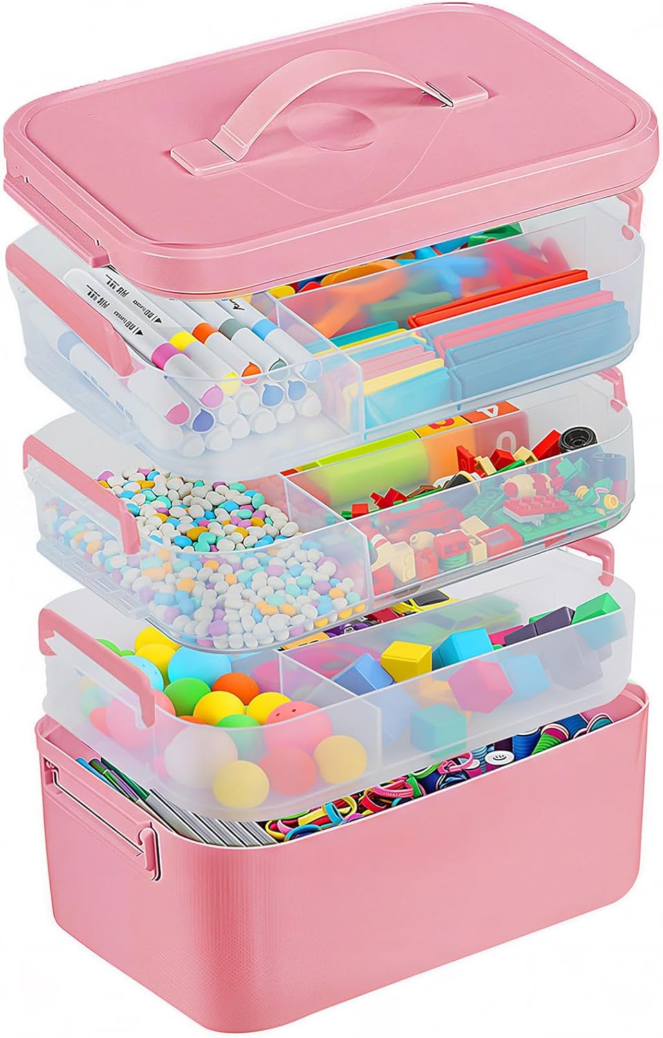 3-Layer Plastic Craft Organizers and Storage Box with Removable Trays, Storage Containers with lids and Handle, Art Supply Storage Organizer for Bead, Ornament, Nail Polish, Tape（10.62"x9"x7.67"）