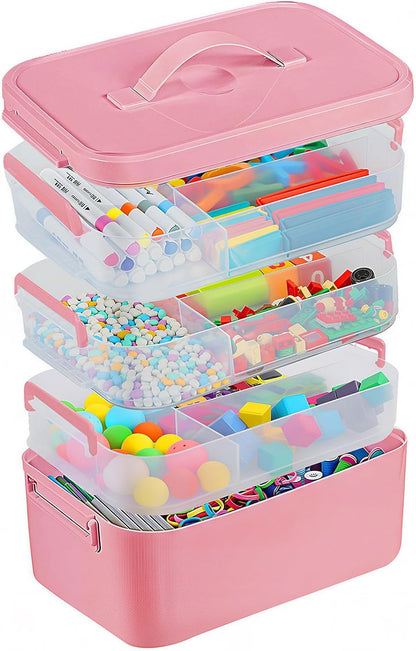 3-Layer Plastic Craft Organizers and Storage Box with Removable Trays, Storage Containers with lids and Handle, Art Supply Storage Organizer for Bead, Ornament, Nail Polish, Tape（10.62"x9"x7.67"）