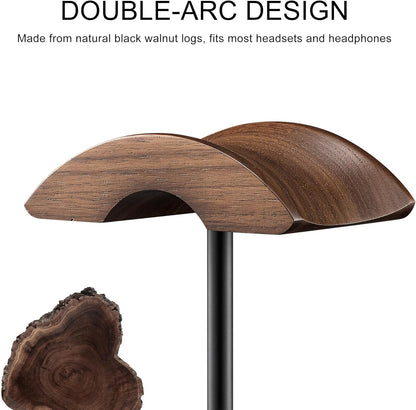 Headphone Stand, Walnut Wood & Aluminum Headset Stand, Nature Walnut Gaming Headset Holder with Solid Heavy Base for All Headphone Sizes (Black)